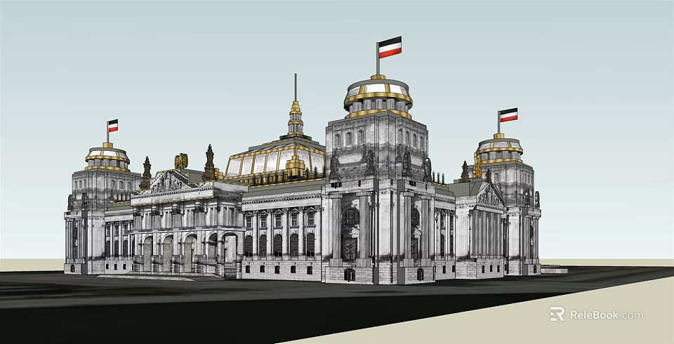 Classical Style Office Building With Golden Domes Flags Towers And Ornate Details 3d model 