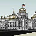 Classical Style Office Building With Golden Domes Flags Towers And Ornate Details