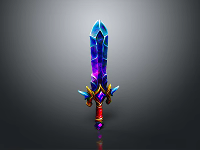 Blue Purple Glowing Crystal Sword With Golden Decorations And Red Hilt 3d model