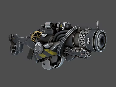 Futuristic Mechanical Weapon Featuring Complex Parts Ventilation Grilles And Yellow Warning Stripes 3d model
