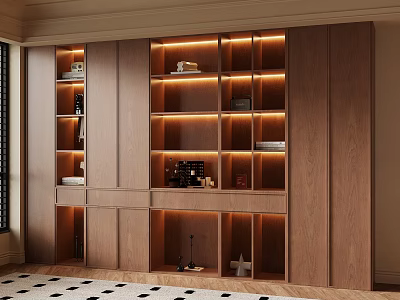 Modern Built in Wooden Bookshelf With LED Lighting And Multiple Shelves In Living Room 3d model
