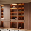 Modern Built in Wooden Bookshelf With LED Lighting And Multiple Shelves In Living Room