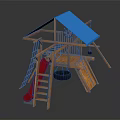 Children's Wooden Playground Equipment With Blue Roof Red Slide Swing And Climbing Net