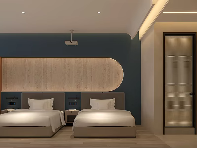 Modern Hotel Guest Room With Twin Beds Wooden Headboard And Blue Walls 3d model
