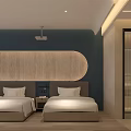 Modern Hotel Guest Room With Twin Beds Wooden Headboard And Blue Walls