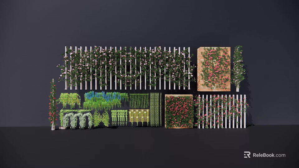 Various Types of Vines On White Fence With Flowering Green Decorative Arrangements 3d model 