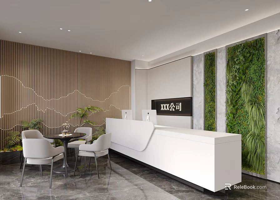 Modern Office Reception Desk With White Counter Green Living Plant Wall And Wooden Panel Decor 3d model 
