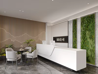 Modern Office Reception Desk With White Counter Green Living Plant Wall And Wooden Panel Decor 3d model