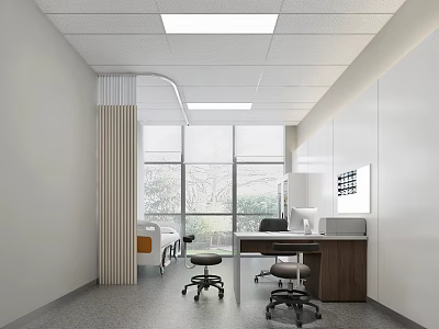 Modern Hospital Outpatient Clinic Interior With Large Windows Patient Bed Office Desk And Cabinets 3d model