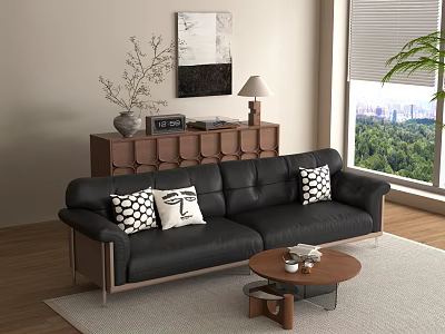 Modern Black Leather Sofa Set With Accent Pillows And Coffee Table In Living Room 3d model
