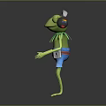 Anthropomorphic Green Frog Character Wearing Headphones Blue Shorts Red Belt And ID Card On Waist