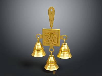 Golden Spiritual Hanging Ornament With Om Symbol And Three Decorative Bells 3d model