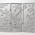 Traditional Wooden Three Panel Screen With Carved Floral And Bird Patterns