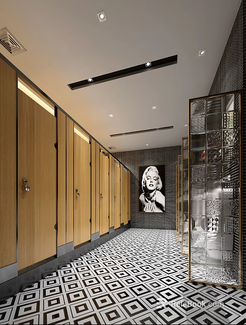 Modern Public Restroom With Wooden Stalls Black And White Floor Tiles And Decorative Painting 3d model 