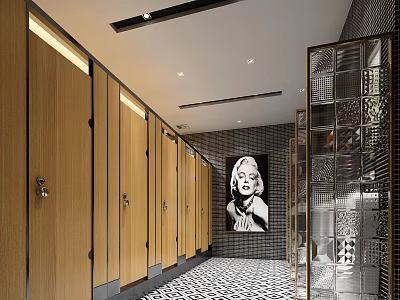 Modern Public Restroom With Wooden Stalls Black And White Floor Tiles And Decorative Painting 3d model