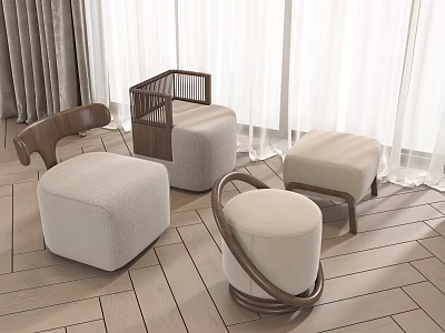 Modern Living Area Stools Design With Wooden Frames And Soft Fabric Cushions 3d model
