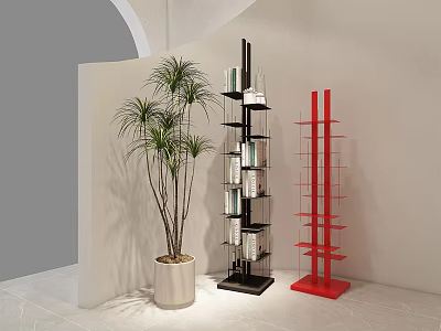 Black And Red Multi Tiered Bookshelves In White Interior With Green Plant And White Pot 3d model