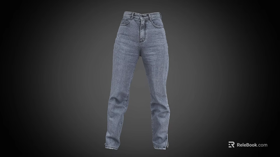 Blue High Waist Straight Leg Jeans In Denim Fabric With Classic Pockets And Button Closure 3d model 