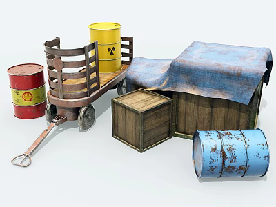 Industrial Equipment Featuring Red Metal Drums Yellow Radioactive Barrel Wooden Handcart And Tarpaulin Covered Crates 3d model