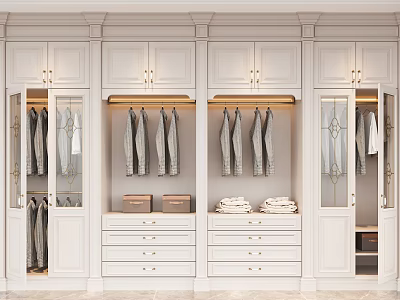 Elegant White Wardrobe Interior With Hanging Clothes Drawers And Folded Clothes 3d model