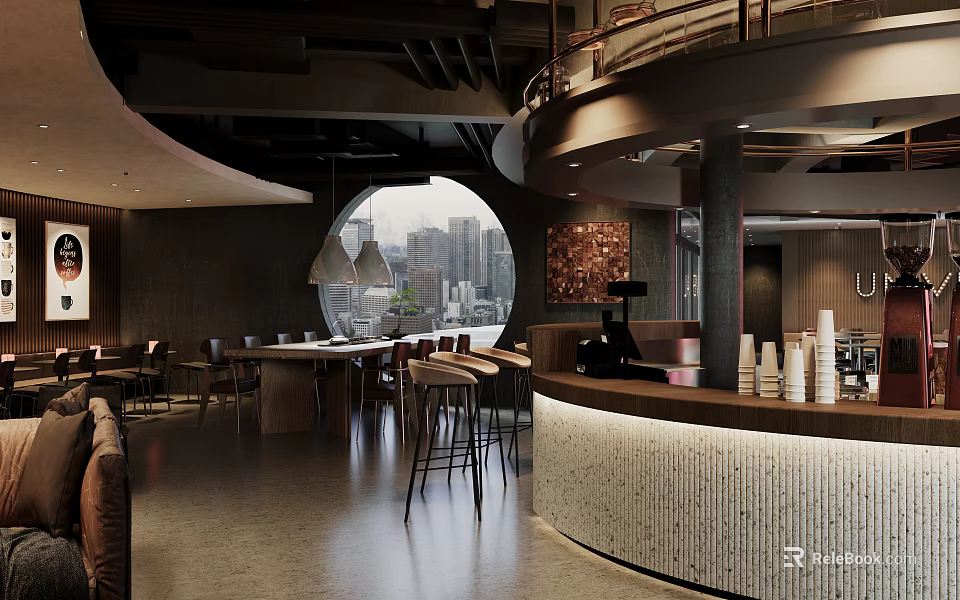 Modern Bar Interior With Curved Counter Bar Stools And City View 3d model