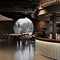 Modern Bar Interior With Curved Counter Bar Stools And City View 3d model