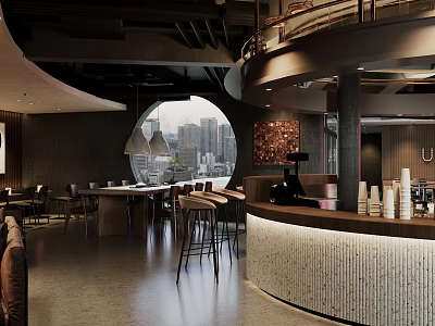 Modern Bar Interior With Curved Counter Bar Stools And City View 3d model