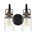 Modern Double Light Wall Sconce With Clear Glass Shades And Black Metal Base