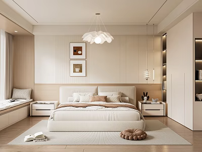 Modern Minimalist Bedroom With White Bed Chandelier Wall Art And Window Seat 3d model
