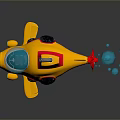 Bright Yellow Toy Submarine With Red Details Blue Windows And Bubbles On Reflective Surface