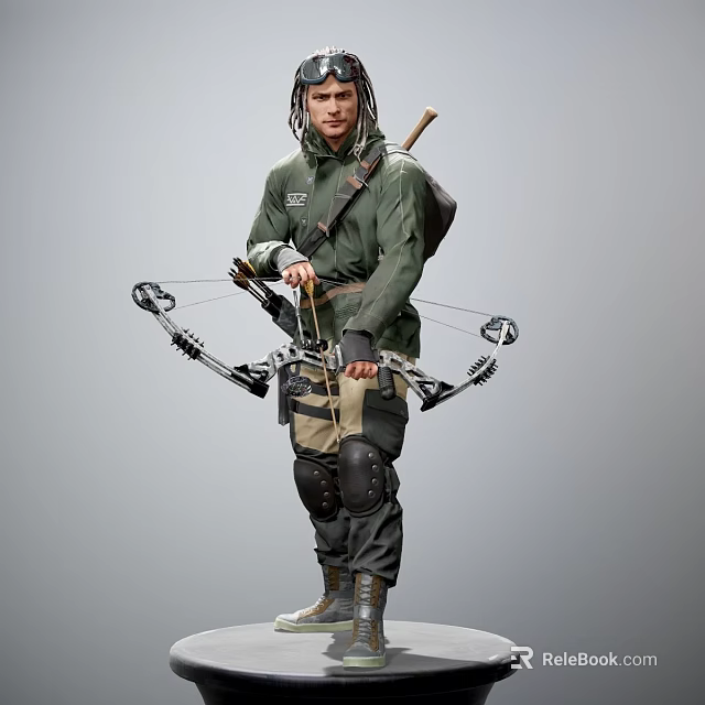 Game Movie Character Wearing Green Tactical Outfit With Compound Bow Backpack And Knee Pads 3d model 