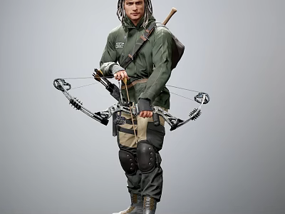 Game Movie Character Wearing Green Tactical Outfit With Compound Bow Backpack And Knee Pads 3d model