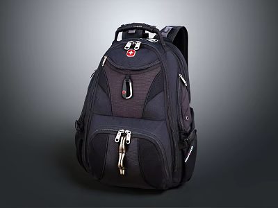 Black Backpack With Multiple Zippers Red Logo And Functional Design Features 3d model