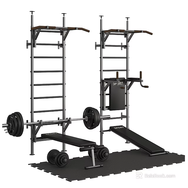 Home Gym Fitness Equipment With Pull Up Bar Barbell Dumbbells And Weight Bench 3d model 