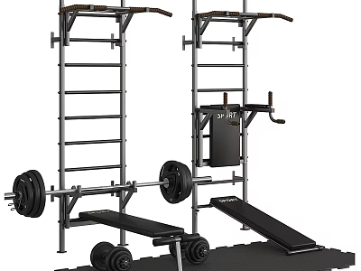 Home Gym Fitness Equipment With Pull Up Bar Barbell Dumbbells And Weight Bench 3d model