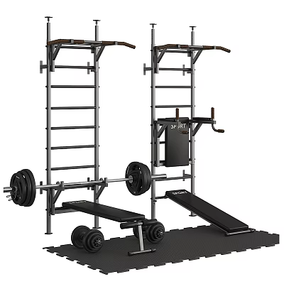 Home Gym Fitness Equipment With Pull Up Bar Barbell Dumbbells And Weight Bench 3d model