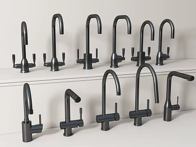 Modern Faucet Display with Various Different Styles on White Shelves 3d model