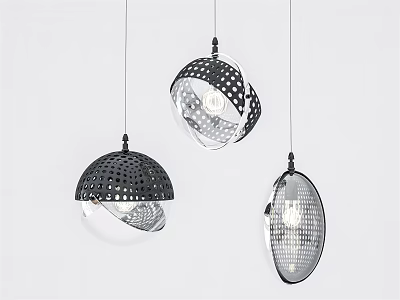 Three Stylish Modern Hanging Pendant Lights With Black Perforated Shades And Transparent Glass Designs 3d model