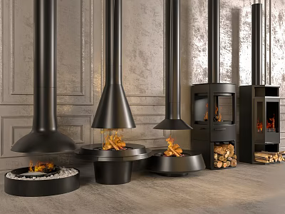 Modern Black Fireplaces With Various Styles Burning Flames And Stacked Wood 3d model