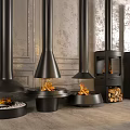 Modern Black Fireplaces With Various Styles Burning Flames And Stacked Wood