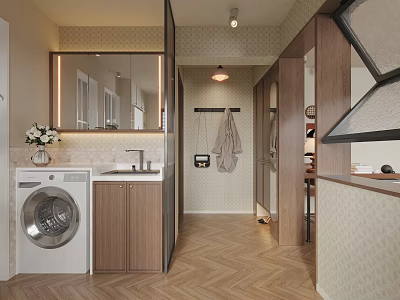 Stylish Restaurant Interior With Herringbone Floor Wooden Cabinets And Wall Mirror 3d model