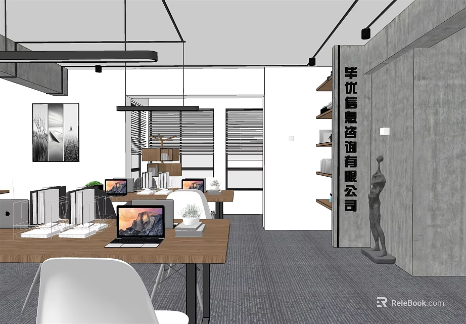 Public Office Space Modern Design With Wooden Tables Laptops Chairs Wall Art And Gray Carpet 3d model 