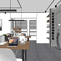 Public Office Space Modern Design With Wooden Tables Laptops Chairs Wall Art And Gray Carpet