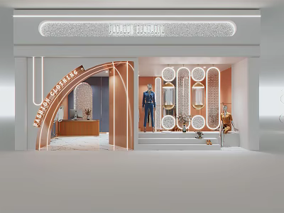 Modern Clothing Store With Fashionable Clothing Mannequin Display Decorative Lights And Orange Walls 3d model
