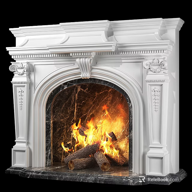 Elegant White Carved Fireplace With Marble Interior And Burning Firewood Flames 3d model 
