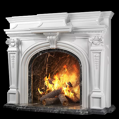 Elegant White Carved Fireplace With Marble Interior And Burning Firewood Flames 3d model