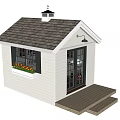 Small House With White Exterior Gray Roof Wooden Steps Window Flower Box And Wall Lamp