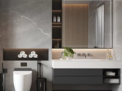 Sleek Modern Bathroom Cabinet With Large Mirror Marble Wall And Sink Storage 3d model