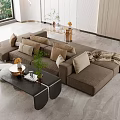 Modern Brown Sofa And Coffee Table Set In Living Room With Multiple Cushions Decorative Items