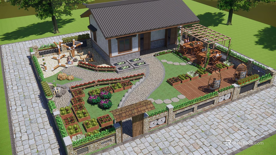 Traditional Courtyard Pergola With Garden Plants Stone Path And Wooden Furniture 3d model 